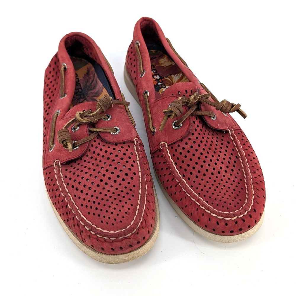 Sperry Top-Sider Boat Shoes Red Perforated Leather Nautical Preppy Loafers - Picture 2 of 6